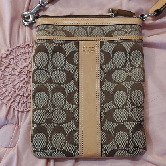 Coach Handbags - VINTAGE COACH Brown and Beige Signature Canvas  Crossbody Bag With Tan Leather.